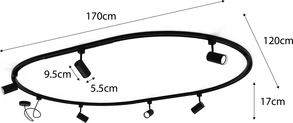 Modern railsysteem met 6 spots zwart 1-fase ovaal 100cm - Iconic Jeana