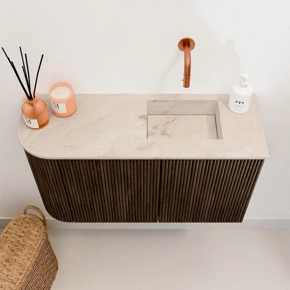 Mondiaz Joya DLux 70cm toiletmeubel ronding links walnut met wastafel faye rechts zonder kraangat frappe