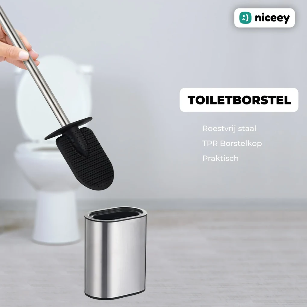 Niceey Silicone Toiletborstel en Houder - WC borstel - RVS