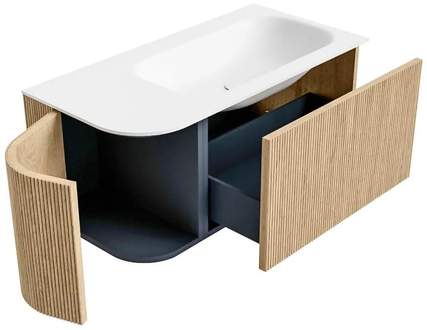 Mondiaz Kurve 95cm badmeubel ronding links oak met 1 lade en deur en wastafel big small kraangat rechts