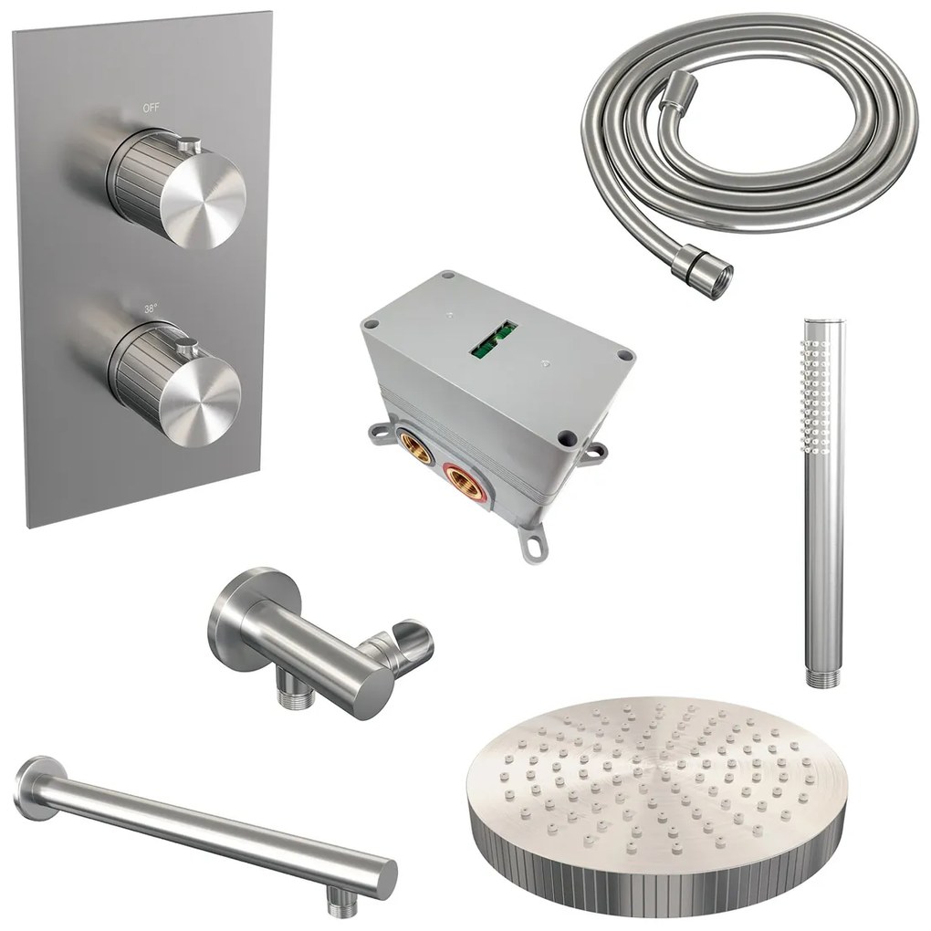 Brauer Stripe inbouw regendouche met 25cm hoofddouche, rechte muurarm en staafhanddouche set 13 RVS geborsteld PVD