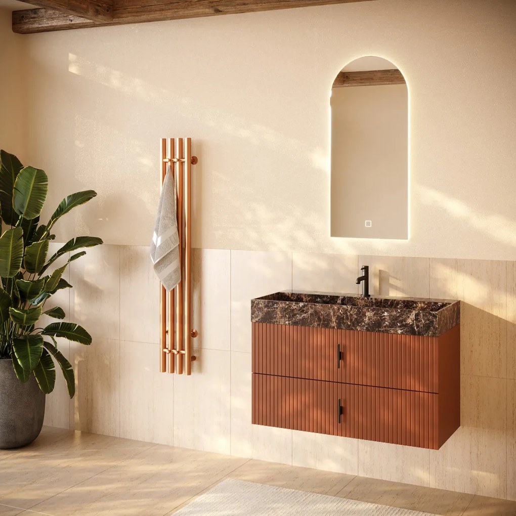 Muebles Murcia badmeubel ribbelfront 100cm terracotta met Dark Emperador wastafel met kraangat