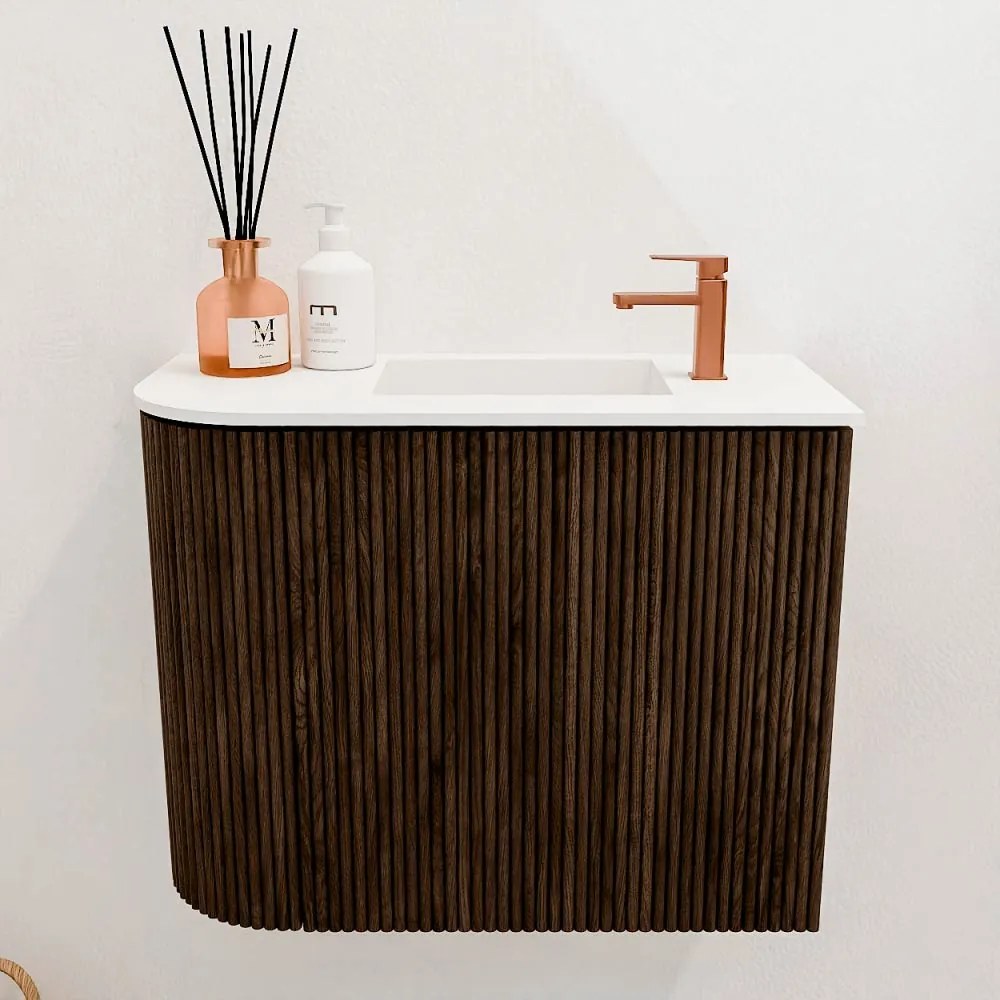Mondiaz Joya 50cm toiletmeubel ronding links walnut met wastafel faye rechts 1 kraangat talc