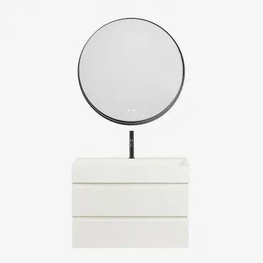 Ona Zwevend Badkamermeubelset Van Hout En Essenfineer Met Geïntegreerde Wastafel Wit & Round Led And Antifog Zwart Ø80 Cm Kimacs & - Sklum