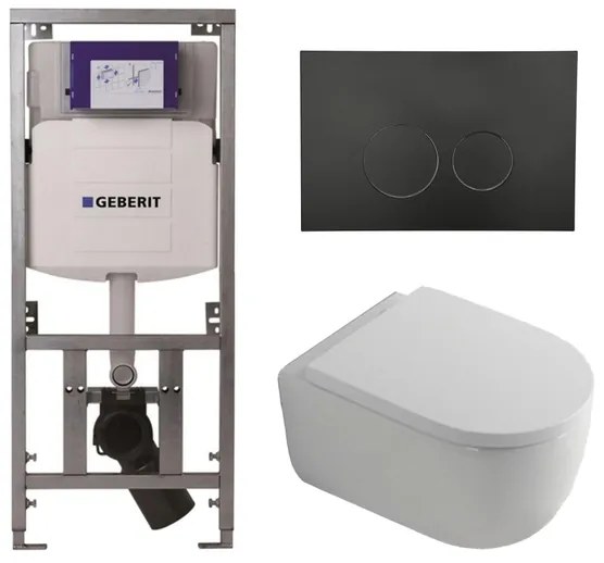 QeramiQ Dely Swirl Toiletset - 36.3x51.7cm - Geberit UP320 inbouwreservoir - met Burda frame - 35mm zitting - mat zwarte bedieningsplaat - ronde knoppen - wit glans 0701131/SW706188/SW1000767/SW1026256