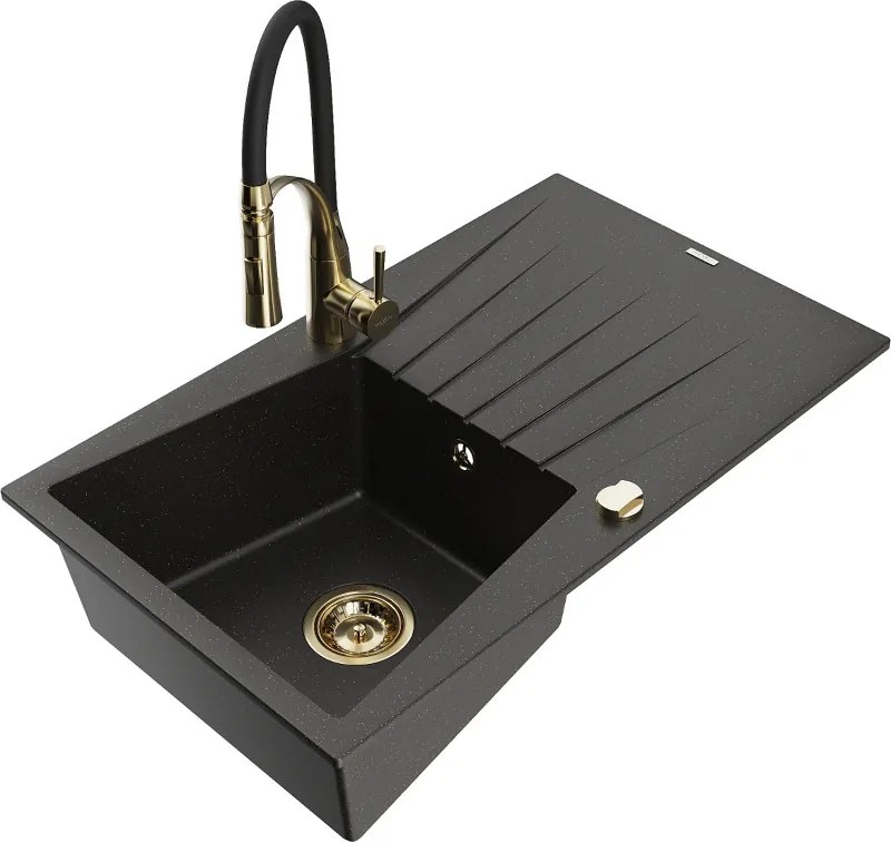 Mexen Cesar granitische spoelbak met 1 kom, afdruiprek en keukenmengkraan Aster, zwart/gouden metallic - 6514-75-73450-57-G