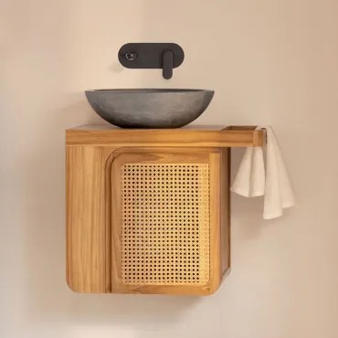 Georgy Zwevend Badkamermeubelset Van Teakhout Teakhout & Rond Grijs Cement Ø40 Cm Tarsis & Spiegelloze & Matzwart Inbouwmodel Met Afvoerkraan - Sklum