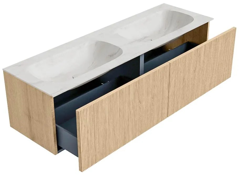 Mondiaz Kurve-dlux 150cm badmeubel oak met 2 lades en wastafel stor small dubbel 2 kraangaten ostra
