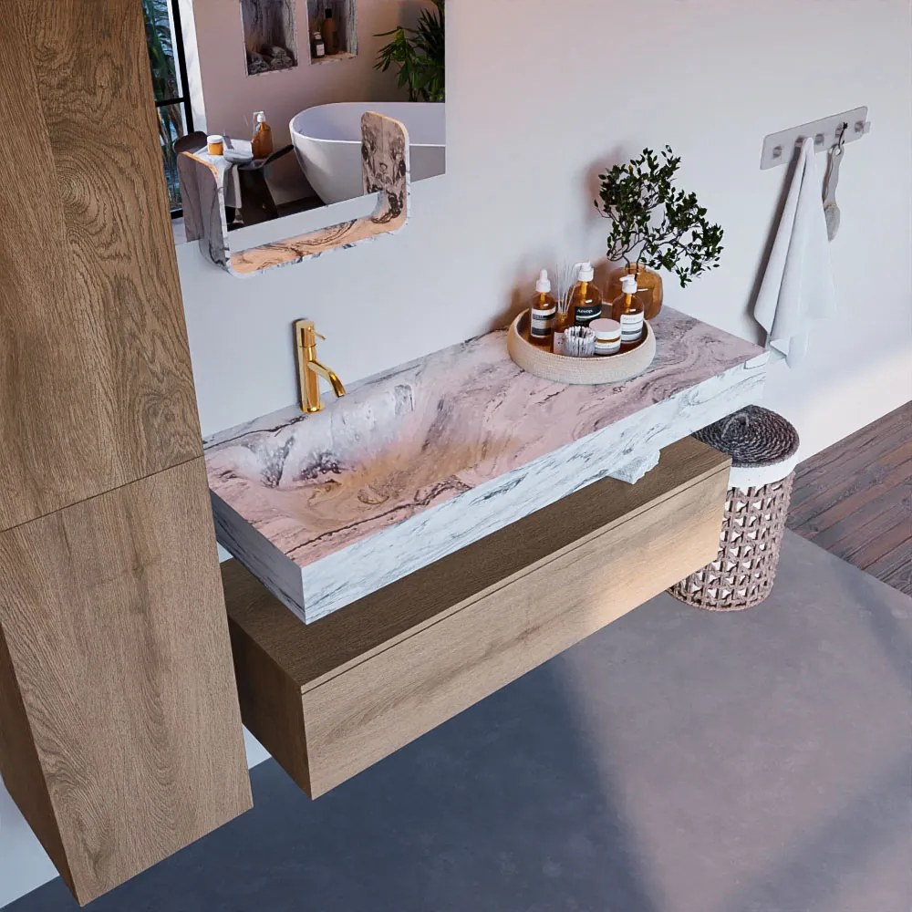 Mondiaz Alan DLux badmeubel 120cm washed oak 1 lade met wastafel glace links 1 kraangat