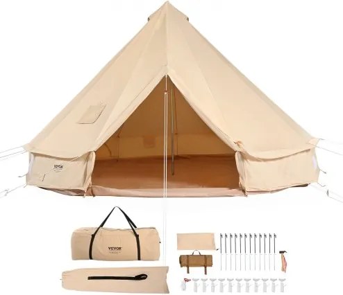VEVOR Bell Tent 4 x 2,5 m Yurt Tent TC Katoen en stevige ijzeren palen met een PVC grondzeil Kampeertent 6-persoons familietent 8 ramen groepstent voor buitenavonturen