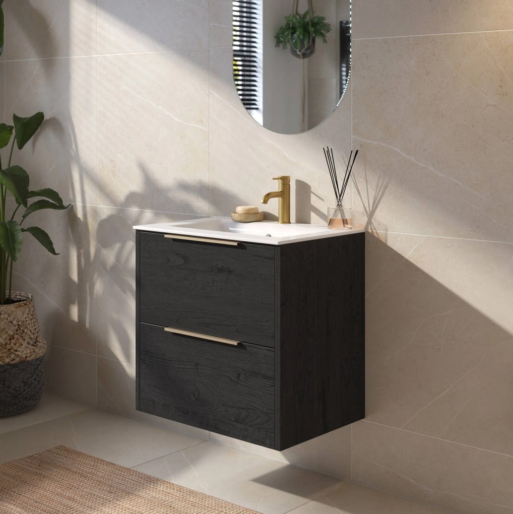 Saqu Lima badmeubel incl. keramische wastafel 60x46x61cm eiken zwart – messing greep