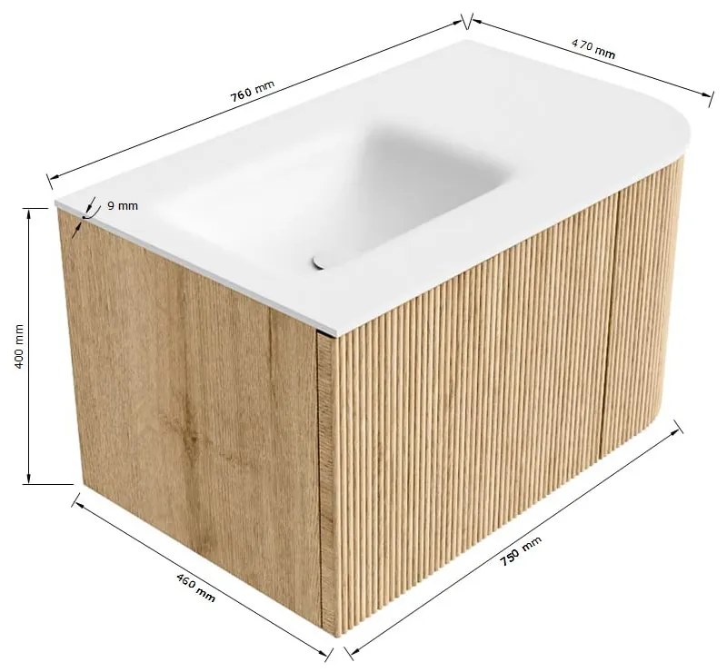 Mondiaz Kurve 75cm badmeubel ronding rechts oak met 1 lade en deur en wastafel grunne links zonder kraangat urban