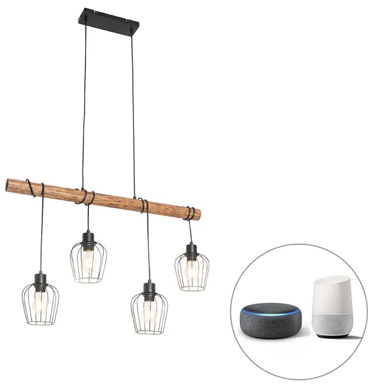 Eettafel / Eetkamer Smart hanglamp met dimmer zwart met hout incl. 4 Wifi A60 - Stronk Landelijk E27 Binnenverlichting Lamp
