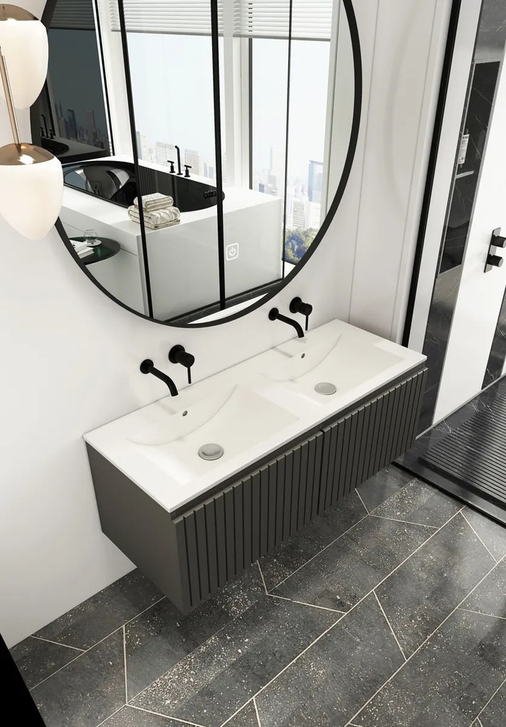Fontana Lento zwart badkamermeubel ribbelfront witte wastafel 120cm geen kraangaten
