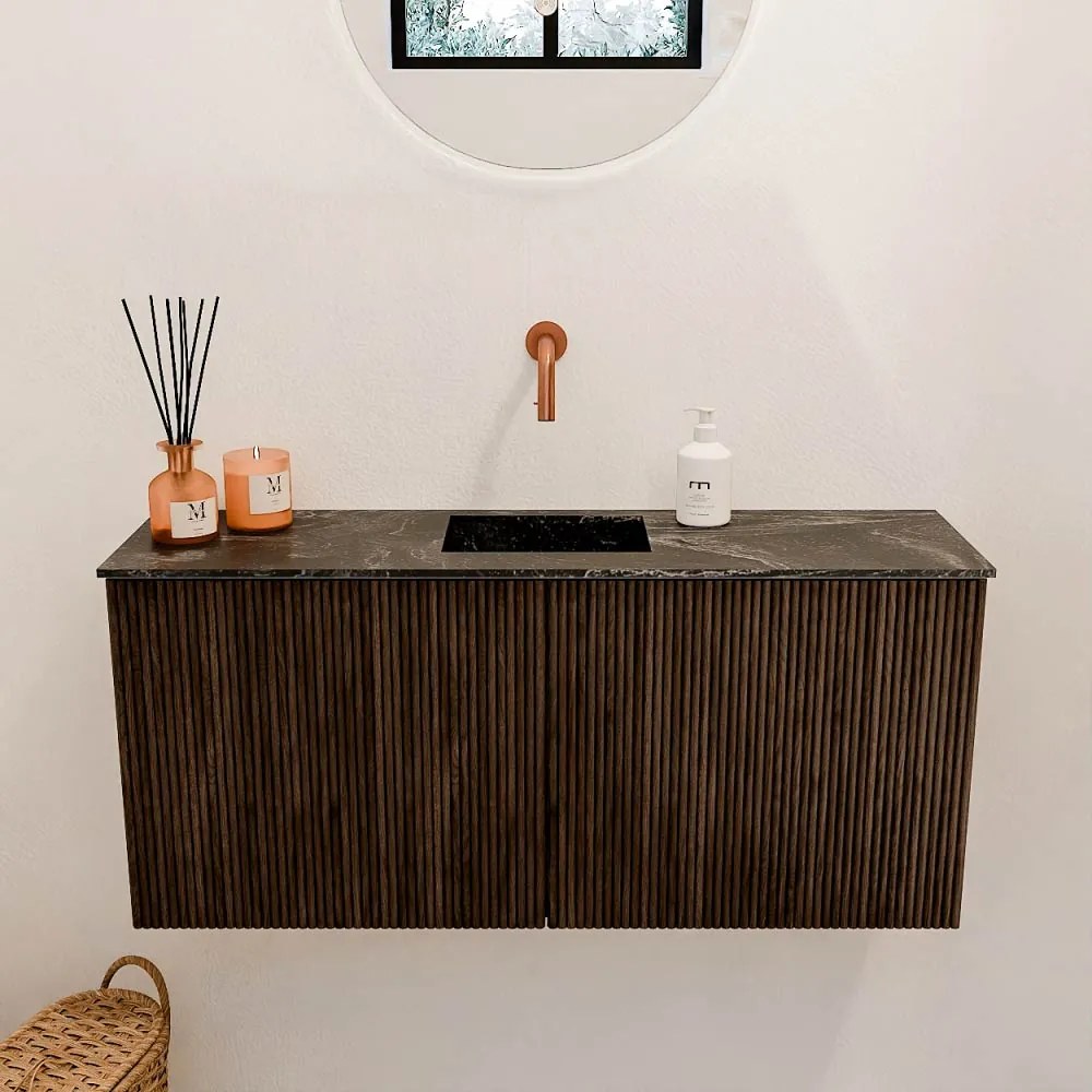 Mondiaz Joya DLux 90cm toiletmeubel walnut met wastafel faye midden zonder kraangat lava