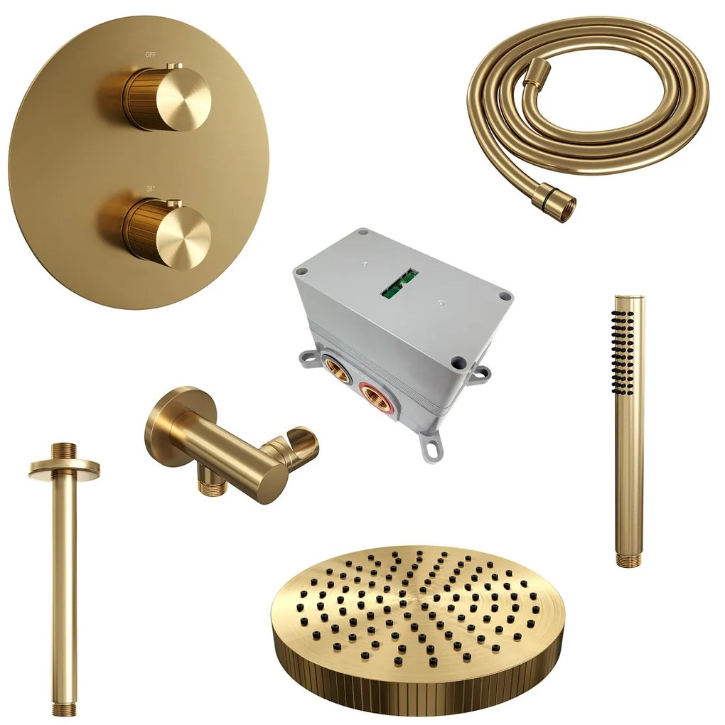 Brauer Stripe inbouw regendouche rond met 25cm hoofddouche, plafondarm en staafhanddouche set 39 messing geborsteld PVD