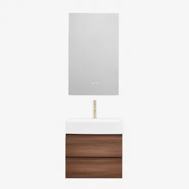 Ona Zwevend Badkamermeubelset Van Hout En Essenfineer Met Geïntegreerde Wastafel Geborsteld Goud ↑20 Cm Met Aftapkraan Zonder Overloop Orveta & Rectan