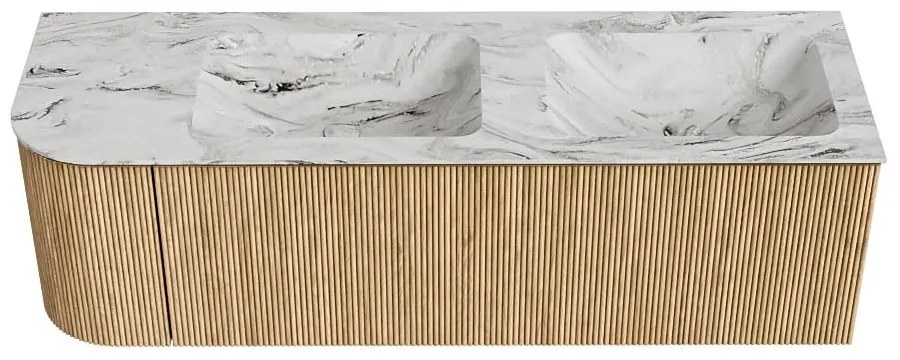 Mondiaz Kurve-dlux 145cm badmeubel ronding links oak met 1 lade en deur en wastafel leaf dubbel/rechts zonder kraangat glace