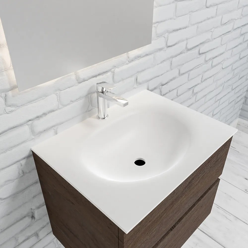 Zaro Sevilla Solid Surface badkamermeubel 60cm donker eiken 1 kraangat met 2 lades