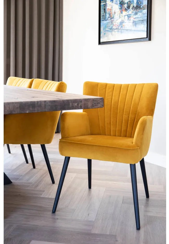 Goossens Eetkamerstoel Rob geel velvet stof met armleuning, urban industrieel