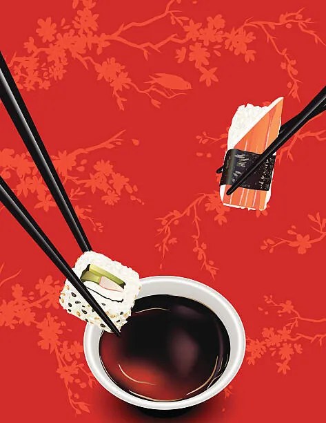 Ilustratie Sushi Template Or Background With Sakura, Diane Labombarbe