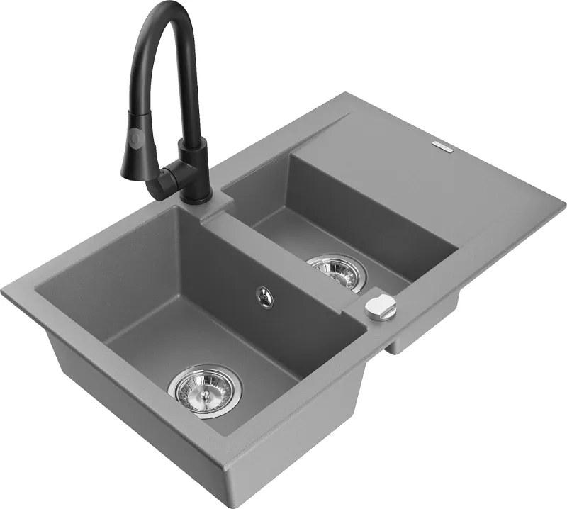 Mexen Gaspar granieten gootsteen 1,5-komor met afdruiprek en keukenmengkraan Elia, grijs - 6507-71-670101-70