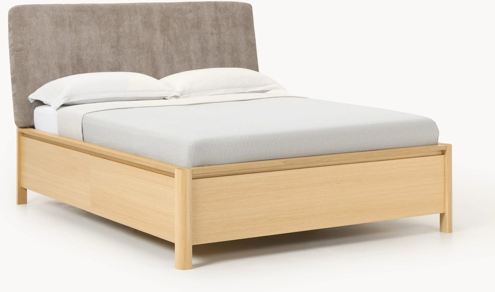 Houten bedframe Santiago met gestoffeerd hoofdeinde en lades