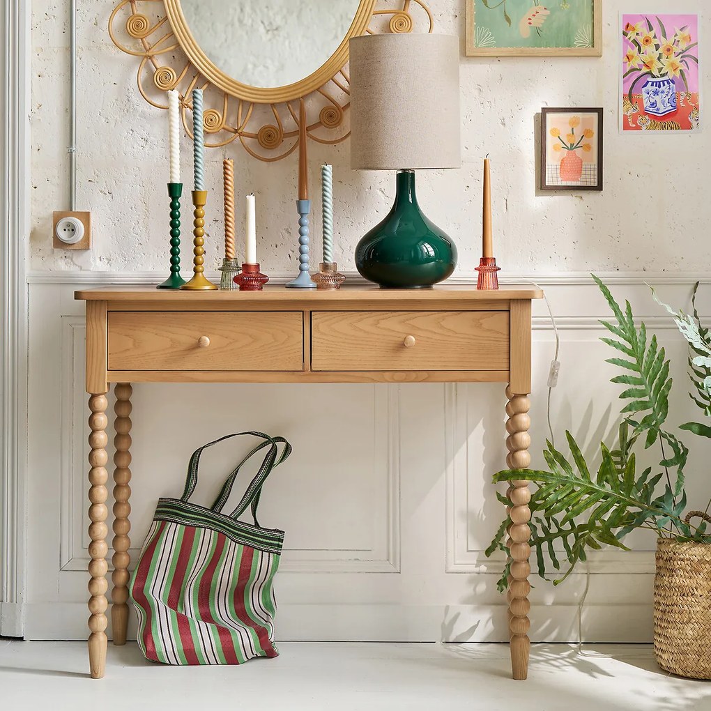 Wandtafel in essenhout, 2 lades, gedraaide poten, Anina