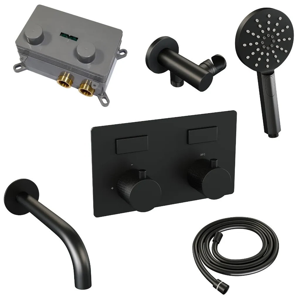 Brauer Black Carving thermostatische inbouw badkraan met uitloop en 3 standen handdouche set 4 zwart mat