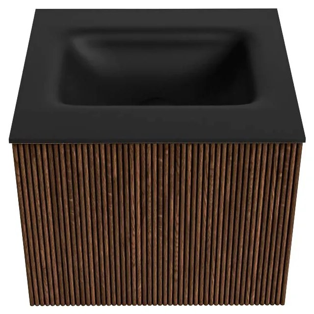 Mondiaz Kurve 50cm badmeubel walnut met 1 lade en wastafel grunne midden 1 kraangat urban