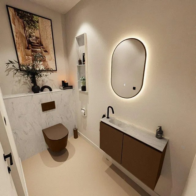 MONDIAZ TURE-DLUX 80cm toiletmeubel Rust. EDEN wastafel Opalo positie links. Met 1 kraangat. TUREDX80RUSL1OPA