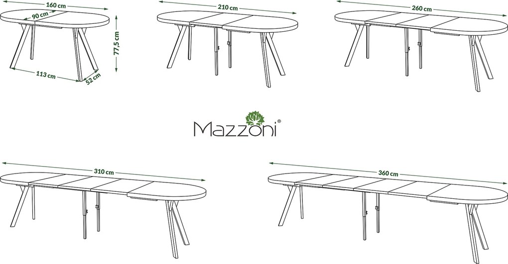 Mazzoni EXPANSO Bruin Eiken / zwarte poten - OVALE UITSCHUIFTAFEL 160-360 cm VOOR 16-18 PERSONEN