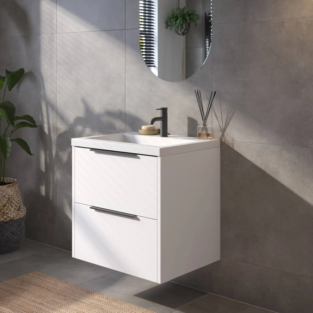 Saqu Lima badmeubel incl. glans witte wastafel 60x52x64cm glans wit – mat zwarte greep