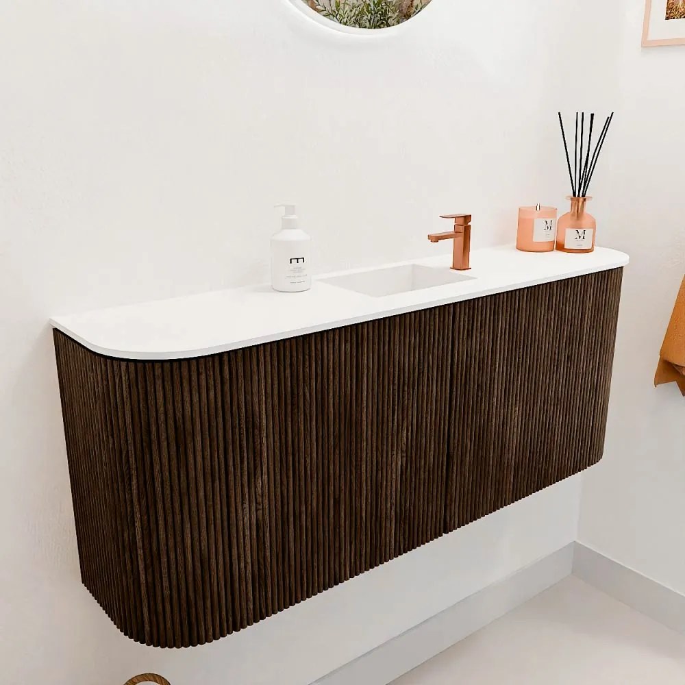 Mondiaz Joya 105cm toiletmeubel ronding links/rechts walnut met wastafel faye midden 1 kraangat talc