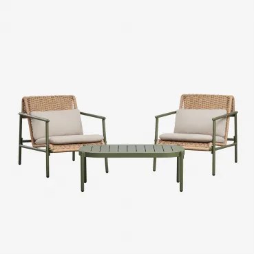 Tuinset Met 2 Fauteuils En Salontafel Van Aluminium En Synthetisch Riet Duroli Groen – Intens Olijf - Sklum