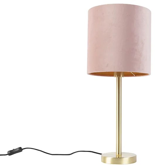 Stoffen Romantische tafellamp messing met roze kap 25 cm - Simplo Modern E27 cilinder / rond Binnenverlichting Lamp