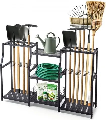 VEVOR Tuingereedschapsrek 1235x290x795mm 3-laags gereedschapshouder zwart, opbergrek voor garage, schuur of tuin, stalen organizer voor bezems, dweilen en harken, met opbergvakken en stelvoeten