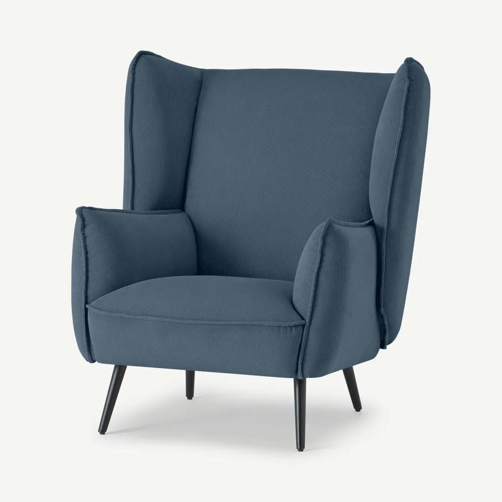 Linden fauteuil, blauwklokje micro ribfluweel met zwarte metalen poten