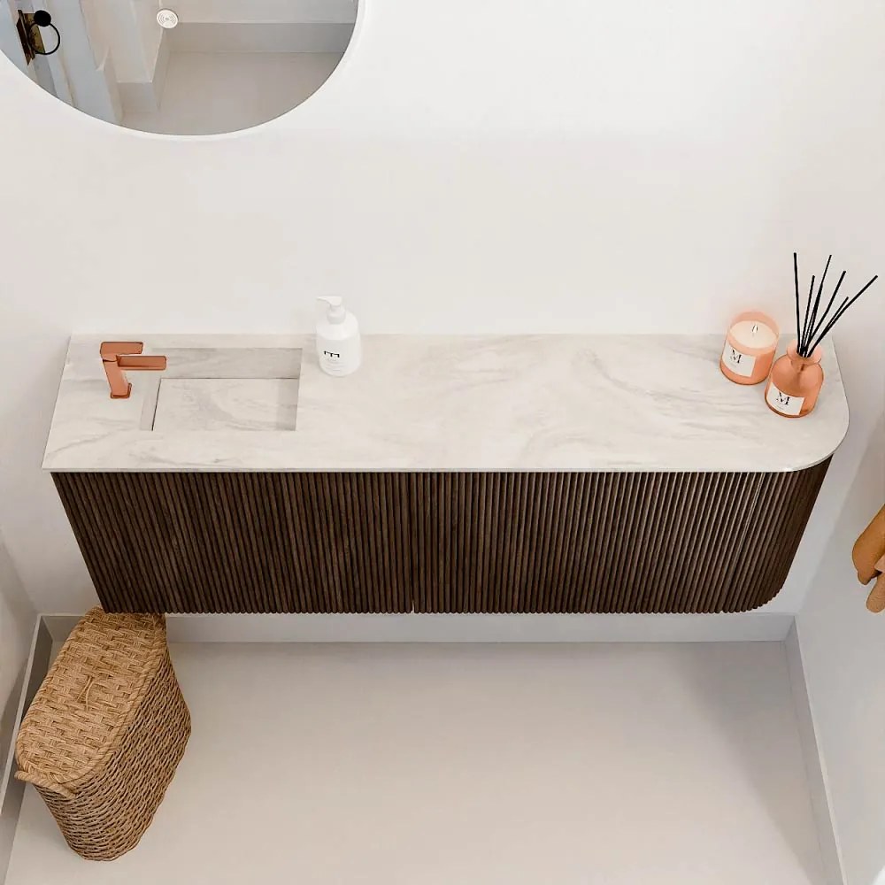 Mondiaz Joya DLux 110cm toiletmeubel ronding rechts walnut met wastafel faye links 1 kraangat ostra
