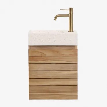 Conjunto Vaniteitmeubel Zwevend Van Teakhout Met Geïntegreerde Wasbak Van Napier-cement Teakhout & Spiegelloze & Geborsteld Goud - Sklum
