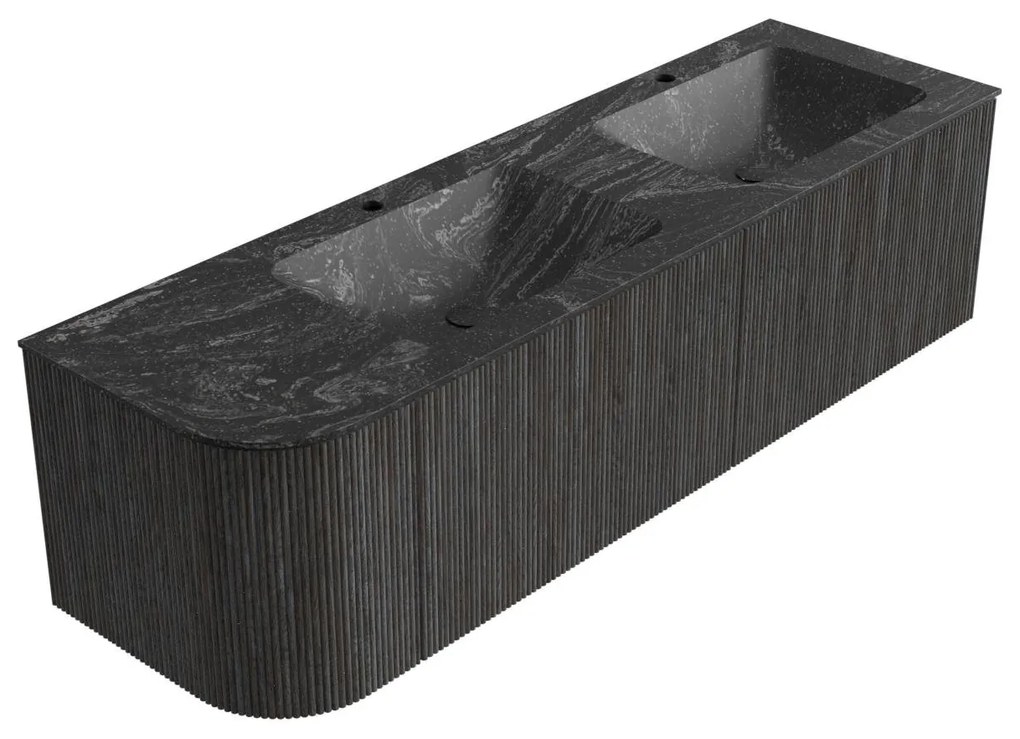 Mondiaz Kurve-dlux 155cm badmeubel ronding links shadow met 2 lades en 1 deur en wastafel leaf dubbel/rechts 2 kraangaten lava