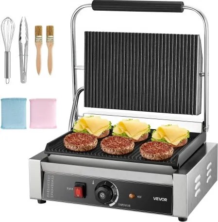 VEVOR Commerciële Panini Grill Contactgrill 2200W voor Sandwiches Steak Bacon Hamburger, Sandwich Maker Press Grill Gemaakt van roestvrij staal met handvat &amp; temperatuurregeling &amp; 34 x 23 cm verwarmingsplaat, Panini Press