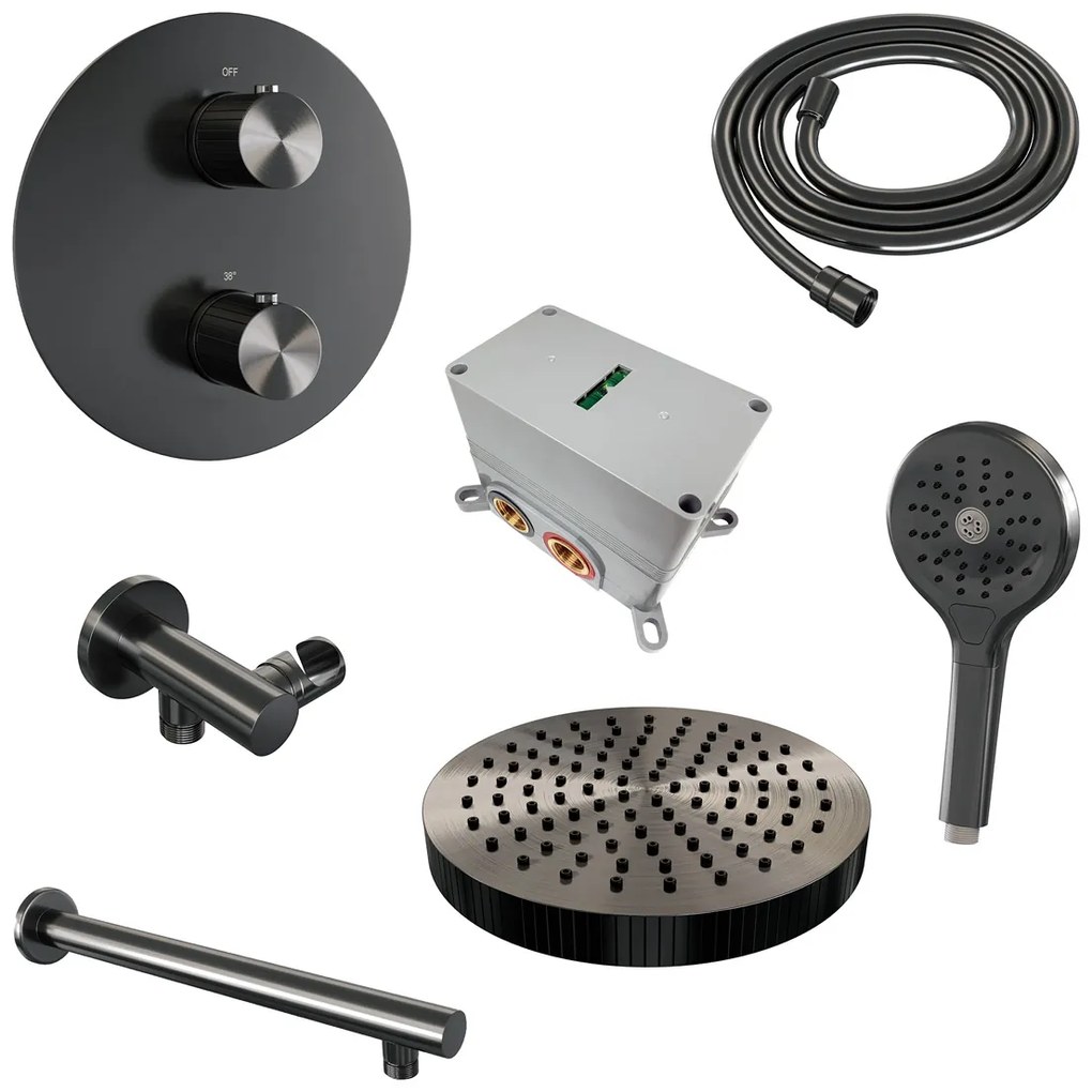 Brauer Stripe inbouw regendouche rond met 25cm hoofddouche, rechte muurarm en 3 standen handdouche set 40 gunmetal geborsteld PVD