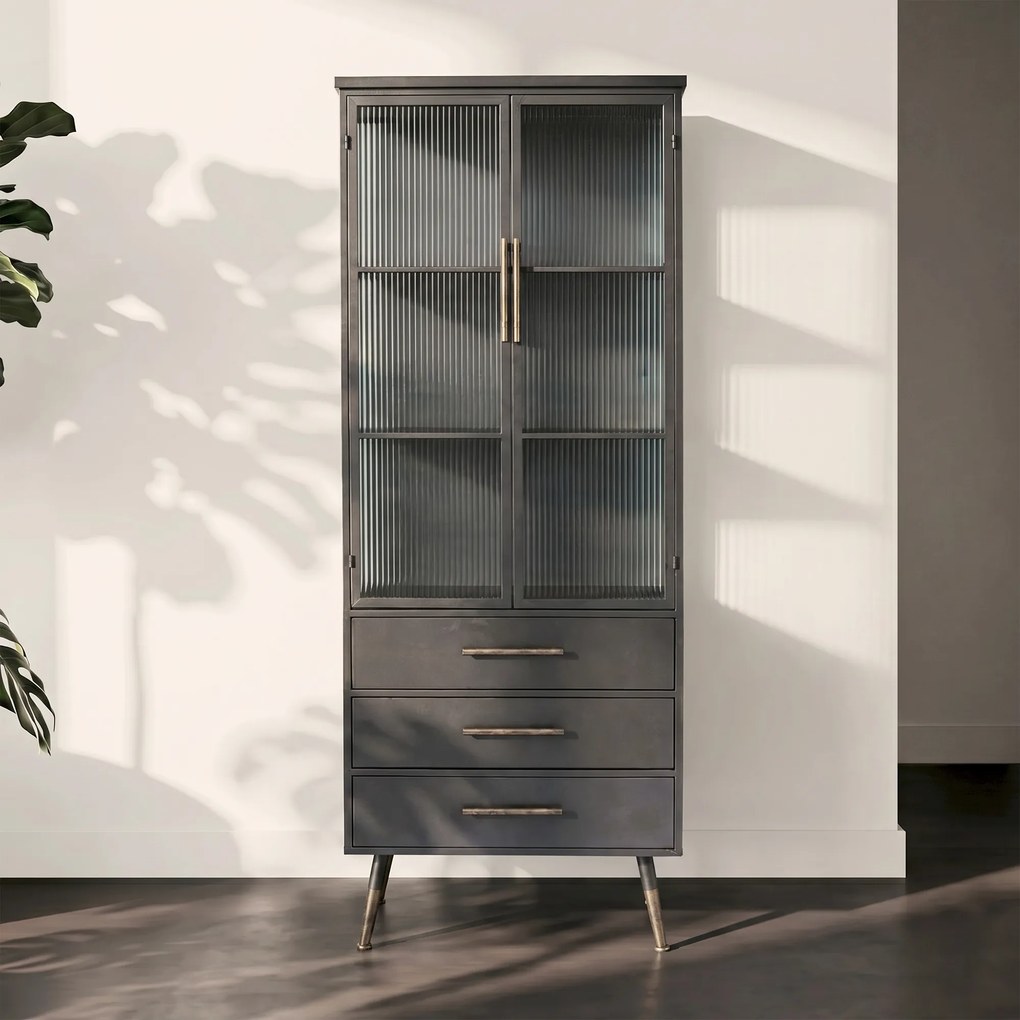Hoge Wandkast Met Ribbelglas - 72x38x180cm.
