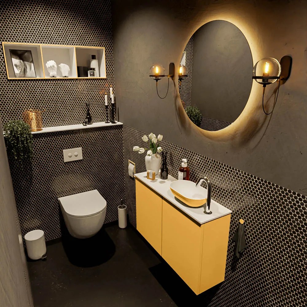 Mondiaz Fowy toiletmeubel 80cm ocher met gele waskom rechts en kraangat