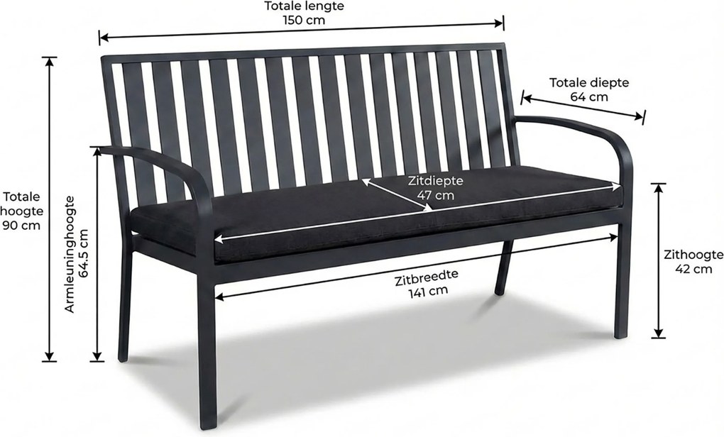 Milan Alu -seater Bench Grey Grijs