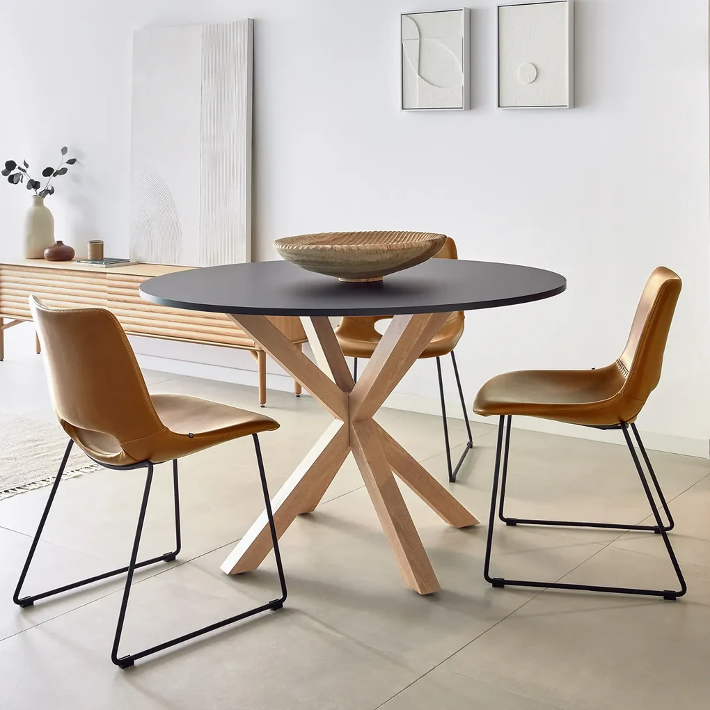Kave Home Full Argo Ronde Eettafel Modern Zwart Met Eiken - 120 X 120cm.
