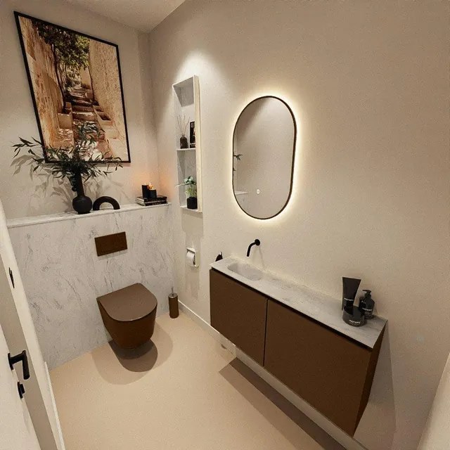 MONDIAZ TURE-DLUX 100cm toiletmeubel Rust. EDEN wastafel Opalo positie links. Zonder kraangat. TUREDX100RUSL0OPA