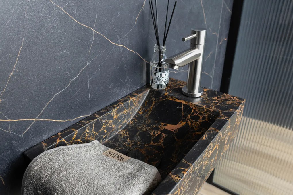 Saniclear Athens Portoro Gold fonteinset met rechte kraan in RVS