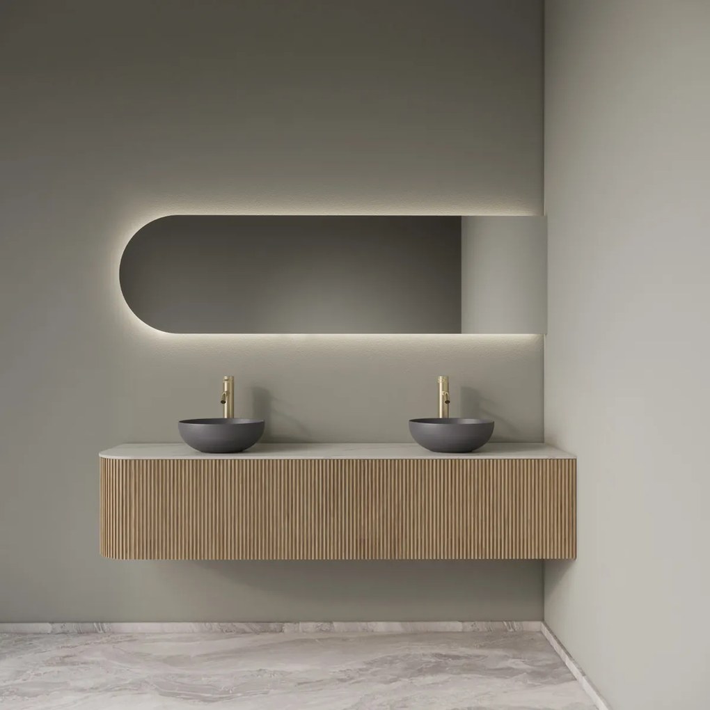 Gliss Design Alluro badmeubel ribbelfront met ronding links 180cm mist en wit marmer toppaneel